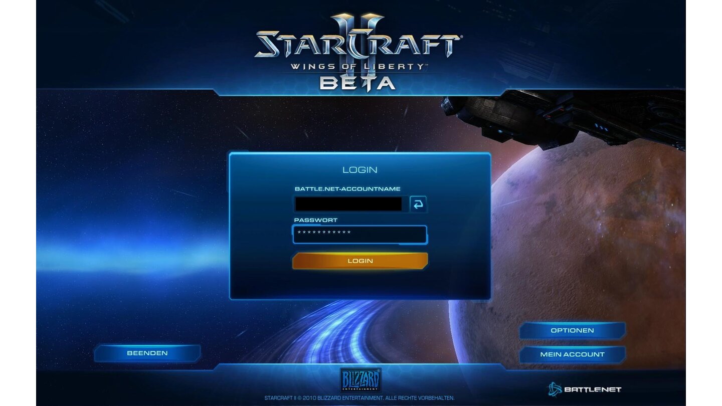 StarCraft 2 - Beta-ScreenshotsGleich am Start von StarCraft 2 müssen Sie sich mit Ihrem Battle.net-Account einloggen.