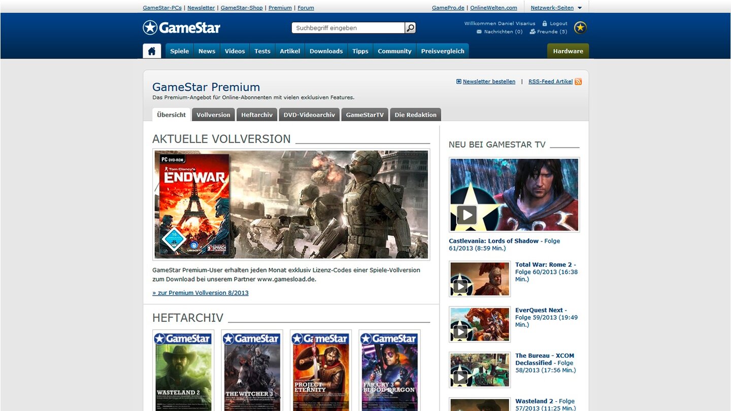 Die Startseite von GameStar.de Premium fasst Heft- und DVD-Archiv, Vollversionen und GameStar TV zusammen.