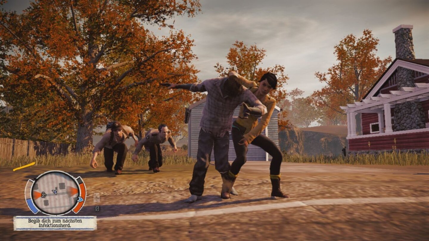 State of DecayEinmal angepirscht, kann man einzelne Zombies mit dem eingesprungenen Schädelbrecher auf den Asphalt knallen.