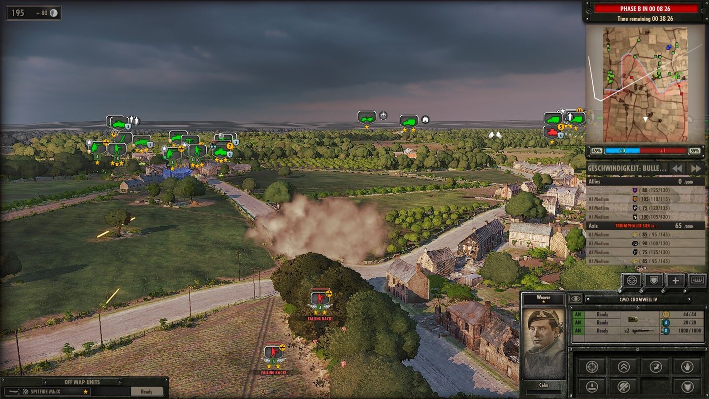 Steel DivisionRettender Nebel: Die roten KI-Truppen unten setzen sich mit Rauchgranaten ab. Die grünen Icons stehen für unsere KI-Verbündeten, unsere eigenen Einheiten kämpfen gerade im Nordosten der Karte.