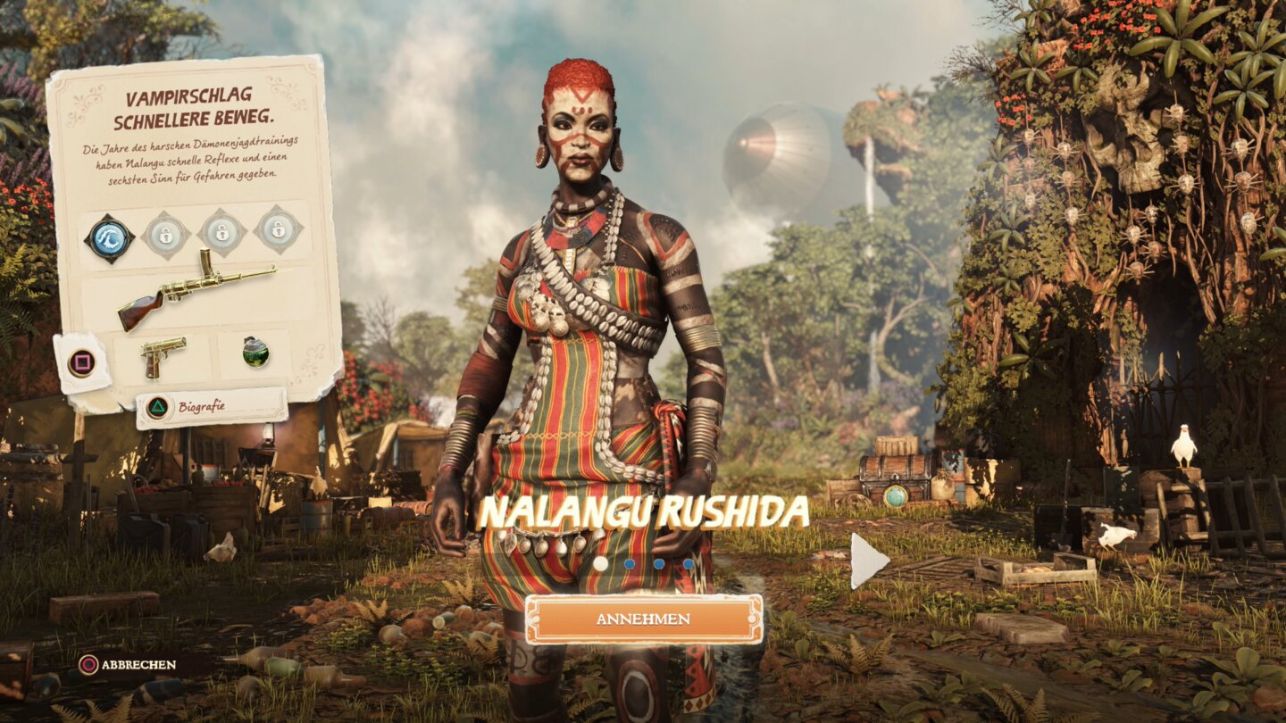 Strange BrigadeNalanga Rushida ist mit Chamberlain-Automatik, Marley Automatik und Molotow-Cocktail bewaffnet, ihr Spezialangriff ist der Flammende Zorn des Ra.