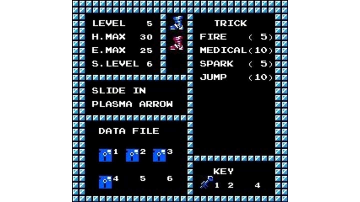 The status screen keeps track of abilities, keys and data disks found
