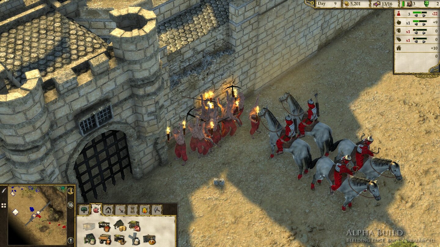 Stronghold Crusader 2
Werden Sklaven zum Angriff auf den Wall beordert, packen sie Spitzhacken aus und zerbröseln die Mauer Stein für Stein. Warum die KI die Reiter so in Formation aufgestellt hat, können wir Ihnen indes nicht sagen.