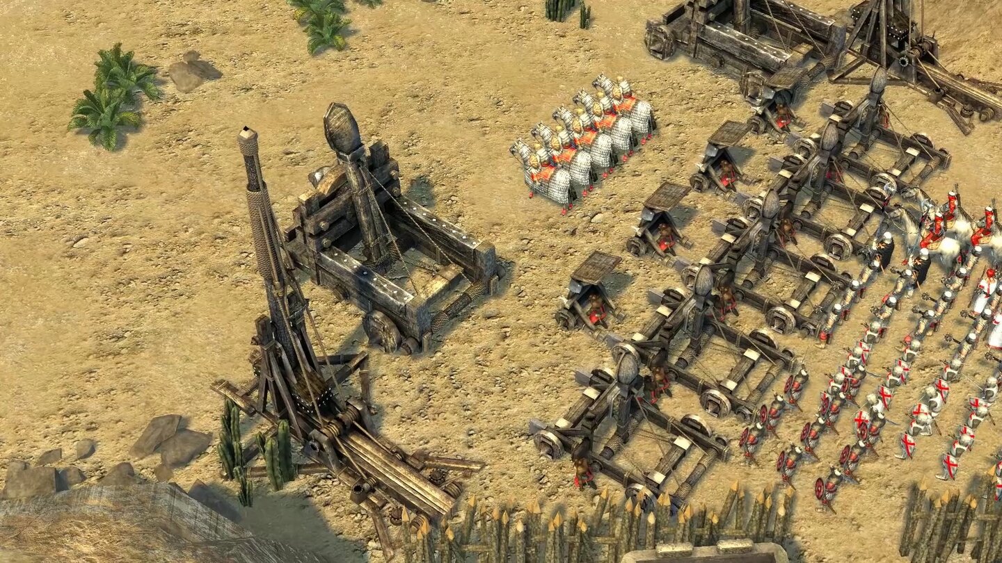 Stronghold Crusader 2
KI-Gegner Löwenherz ist Kreuzritter erster Güte und führt daher besonders schweres, westliches Kriegsgerät mit – gepanzerte Reiter, abgestiegene Ritter und Katapulte.