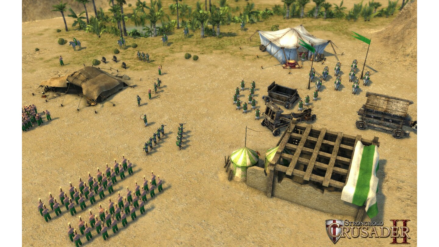 Stronghold Crusader 2Ein Heerlager der Orientalen. Erkennbar sind Fackelträger, Krummsäbelkämpfer, Bogenschützen und schwere Mameluken-Reiterei sowie etwas Belagerungsgerät.