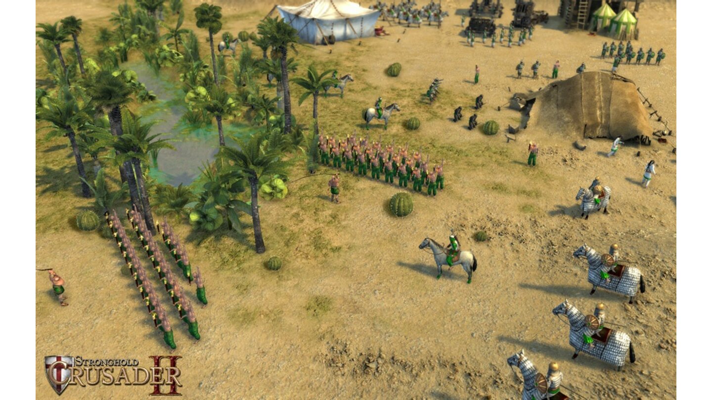 Stronghold Crusader 2Die Sarazenen-Armee bereitet ihre Mameluken-Panzerreiter und Infanterie auf einen Angriff vor.