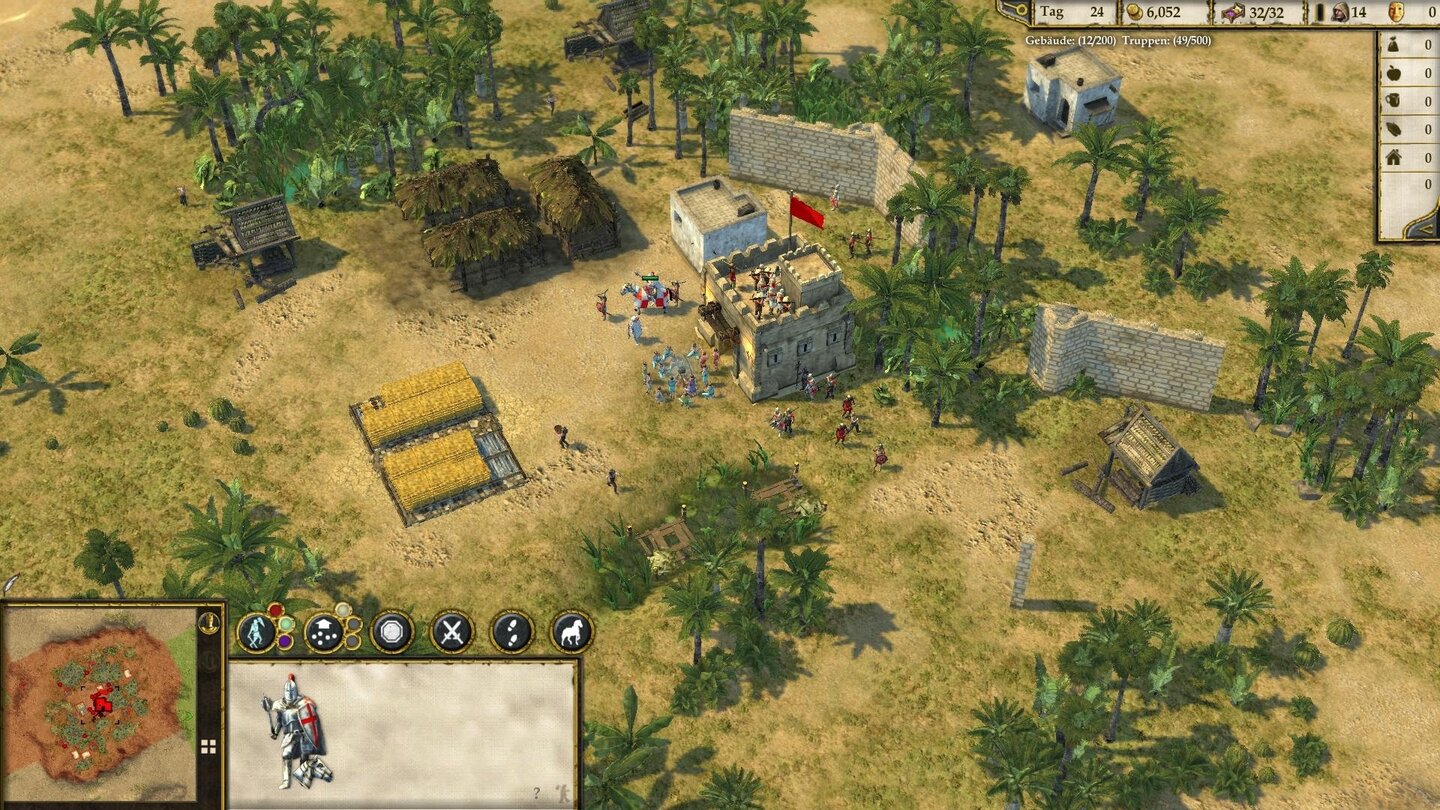 Stronghold Crusader 2Auf den Skirmish-Maps können wir neutrale Siedlungen erobern, die uns fortan mit Ressourcen versorgen. Mauern dürfen wir hier eigentlich nicht errichten, sondern nur Holzbarrikaden – aber manchmal klappt’s trotzdem, dann wieder nicht.