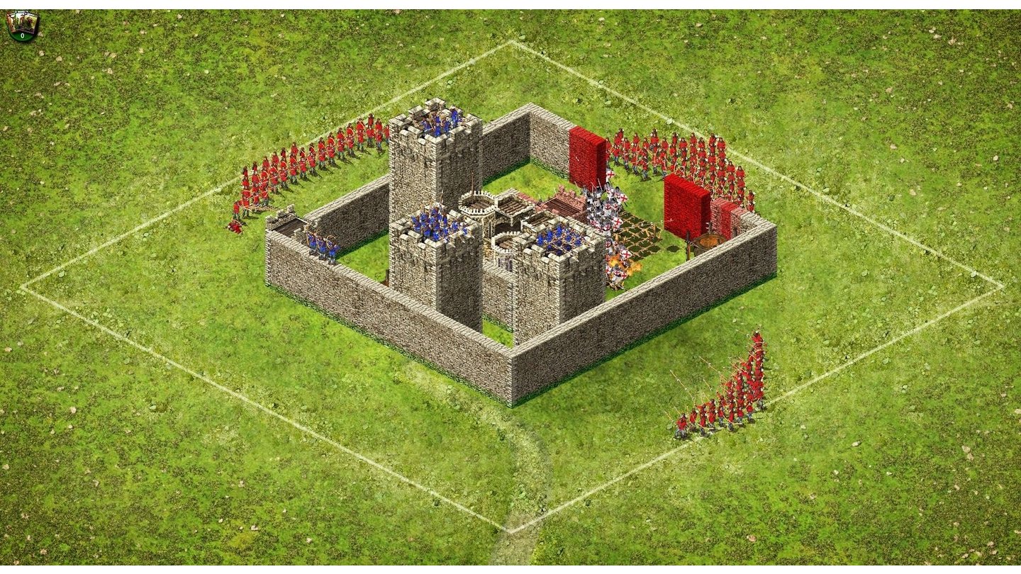 Stronghold KingdomsAngriff gegen eine KI-Burg: Im Innenhof wimmelt’s nur so von Fallen (grüne Felder mit angespitzten Holzpflöcken).
