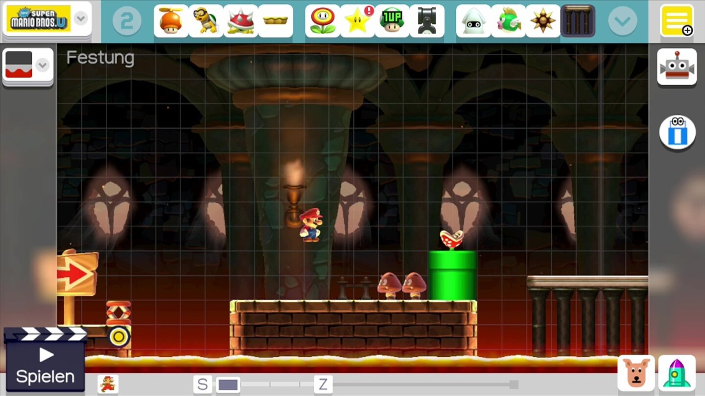 Super Mario MakerMit einem Tipp auf den Touchscreen verändern wir in Sekundenschnelle den Hintergrund unseres Levels. Hier haben wir uns für die Festungs-Welt entschieden.