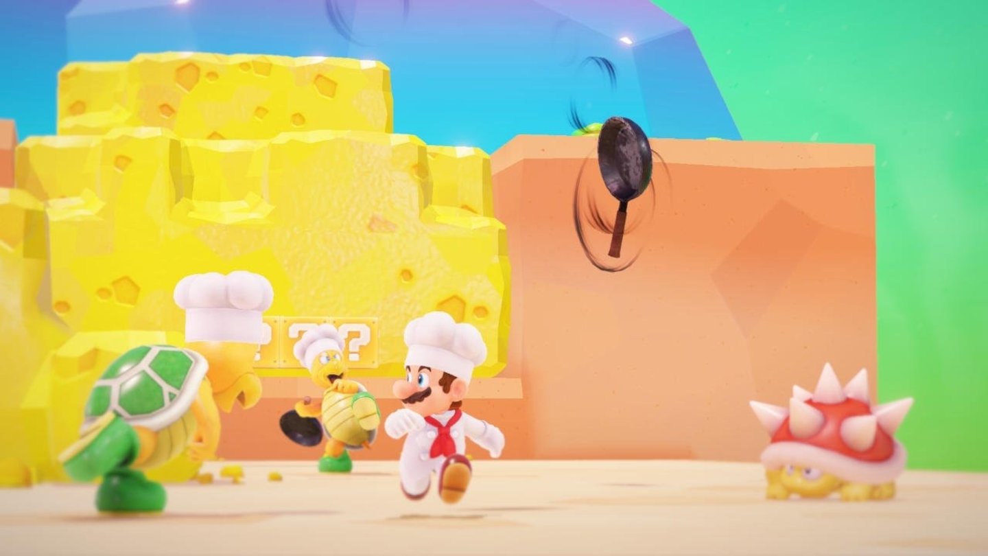 Super Mario OdysseyEine Fähigkeit des Koch-Kostüms hat offenbar etwas mit der schwebenden Bratpfanne zu tun.
