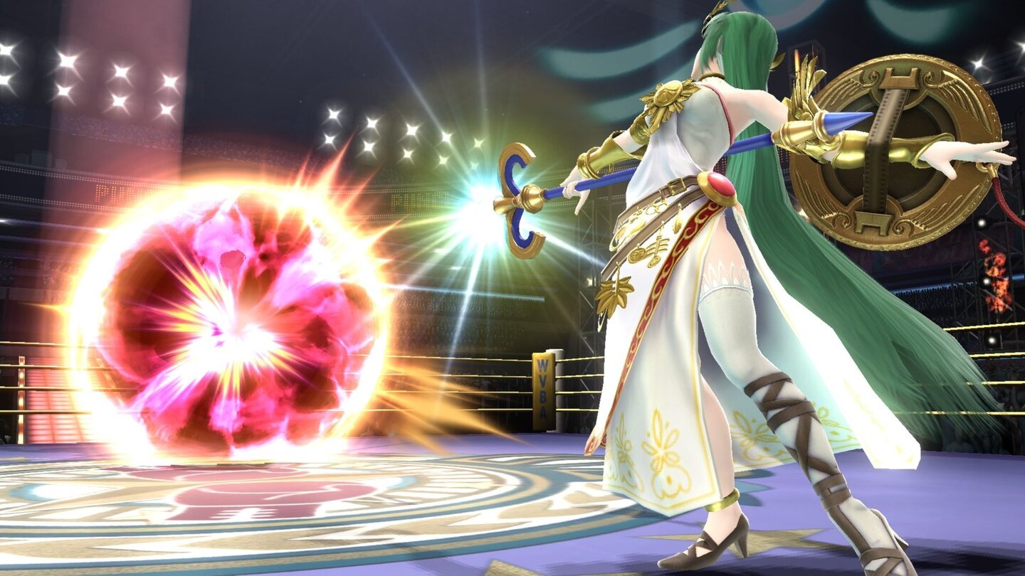 Super Smash Bros. - Screenshots der Wii-U-VersionPalutena ist einzigartig, da sie keine drei Variationen von vier Grund-Spezialmoves beherrscht, sondern zwölf grundverschiedene Specials.