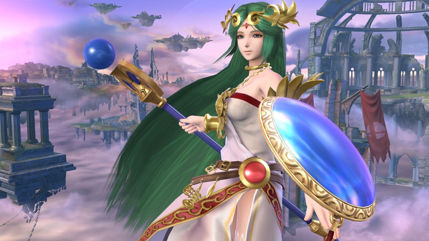 Super Smash Bros. - Screenshots der Wii-U-VersionDiese hübsche Dame heißt Palutena. Sie ist die Göttin des Lichts in Kid Icarus. Sie gehört zu den Neulingen im Kämpferfeld des Spiels.