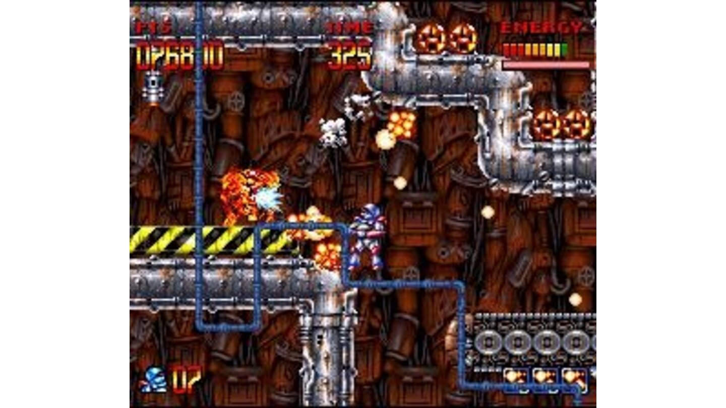 Conveyor belts, flamethrowers, falling rockets and small pesky enemies will keep you busy in this stage