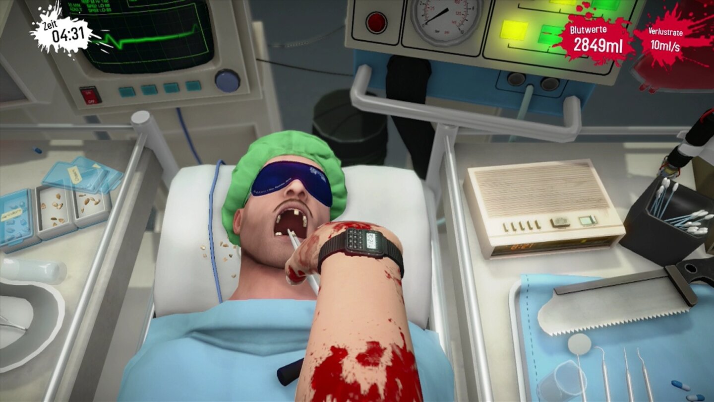 Surgeon Simulator - PS4-ScreenshotsDie Zahntransplantation ist die einzige OP, bei der wir mit dem Besteck feinfühlig fungieren müssen. Mit der Steuerung aber ein äußerst frustrierendes Unterfangen.