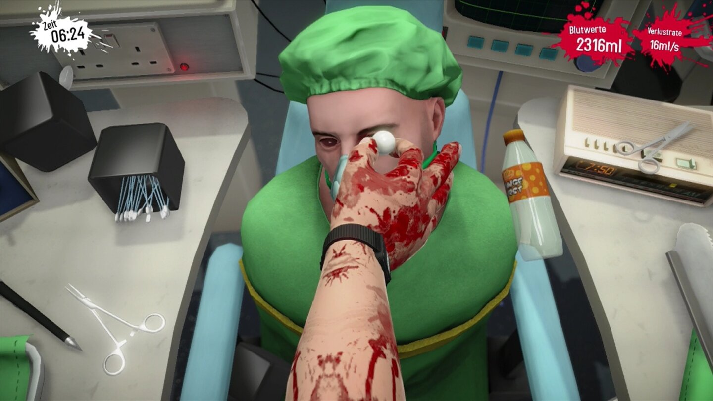 Surgeon Simulator - PS4-ScreenshotsDie Augentransplantation ist die absurdeste Operation. Erst ziehen wir mit einem Skalpell die Augäpfel raus, dann setzen wir die neuen Augen ein.
