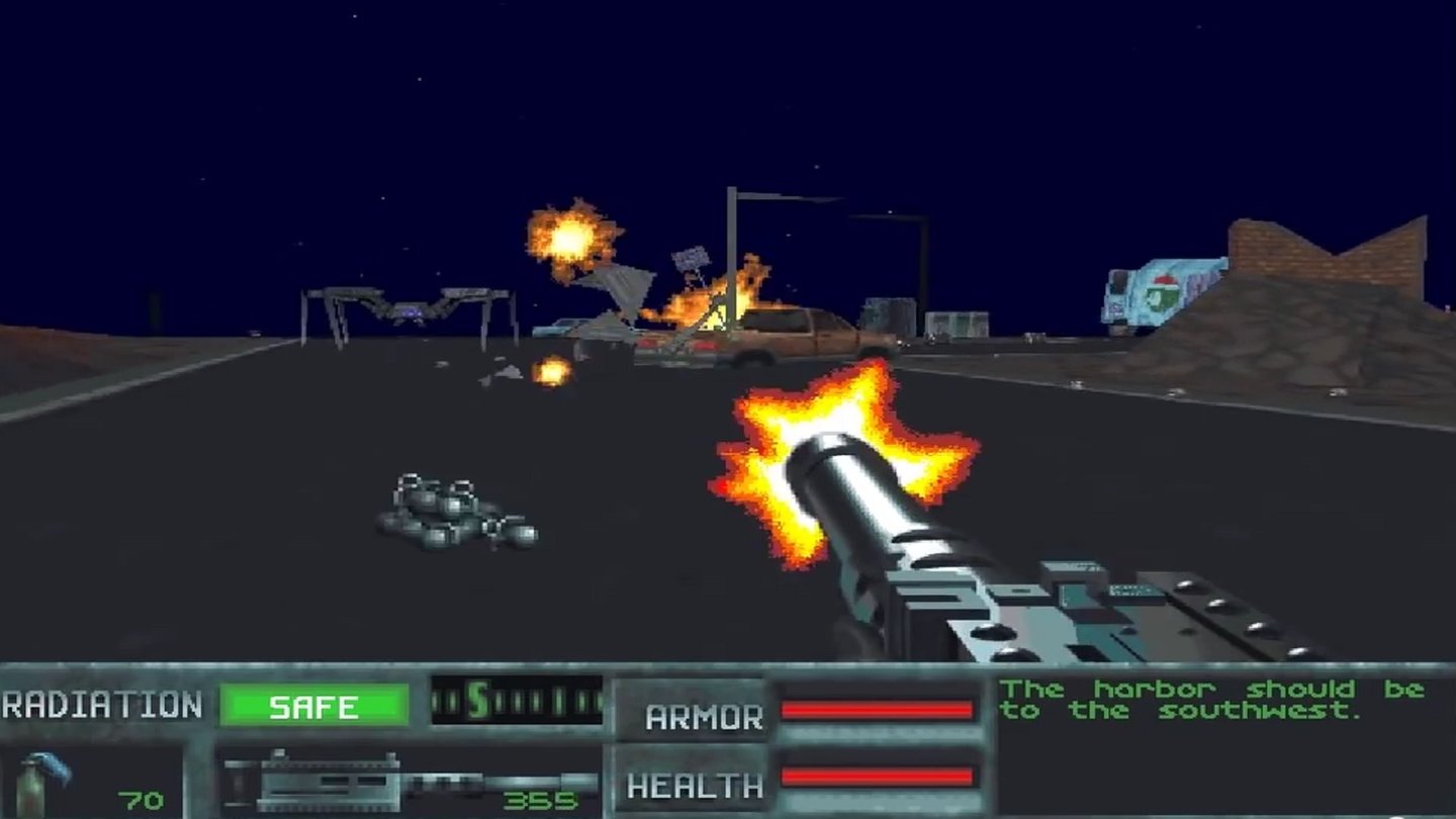 Terminator: SkyNET (1996, DOS)
SkyNET brillierte mit höherer Auflösung (640x480) und war kürzer als der Vorgänger Future Shock - nach etwa 3 bis 4 Stunden hatte der Spieler alles gesehen. Dafür gab es weniger Leerlauf beim Wandern durch das maschinenverpestete Ödland, die Missionen waren knackiger. Das Beste daran: Aus dem SkyNET-Hauptmenü ließ sich sogar der komplette Vorgänger Future Shock starten, der im Paket mit beinhaltet war.