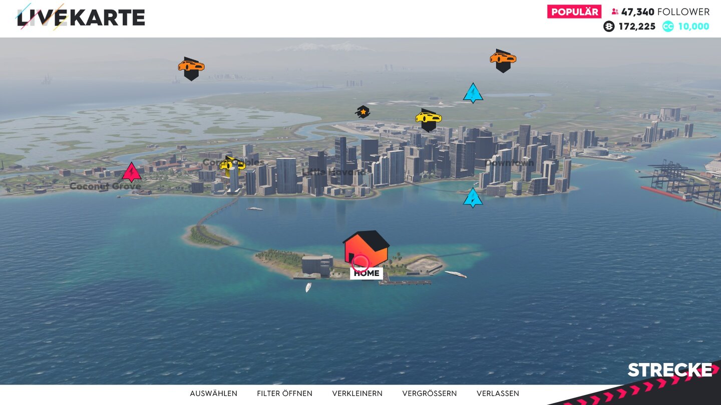 The Crew 2In der Live-Karte können wir uns mit der Kamera frei bewegen und einen Überblick über die nächstgelegenen Events erhalten.