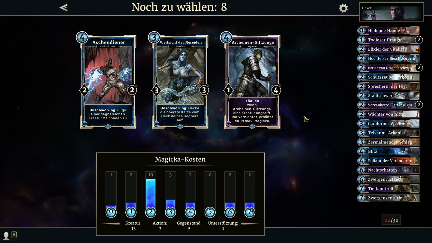 The Elder Scrolls: LegendsFür die Arena stellen wir unser Deck zusammen, indem wir immer eine von drei zufälligen Karten wählen.