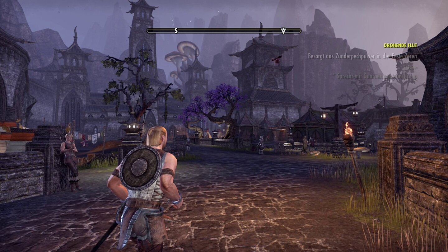 The Elder Scrolls Online: Tamriel UnlimitedIn den Siedlungen und Städten nehmen wir neue Quests von NPCs entgegen. Hier finden sich auch die meisten Händler, bei denen wir Rüstungen und Waffen erstehen können.