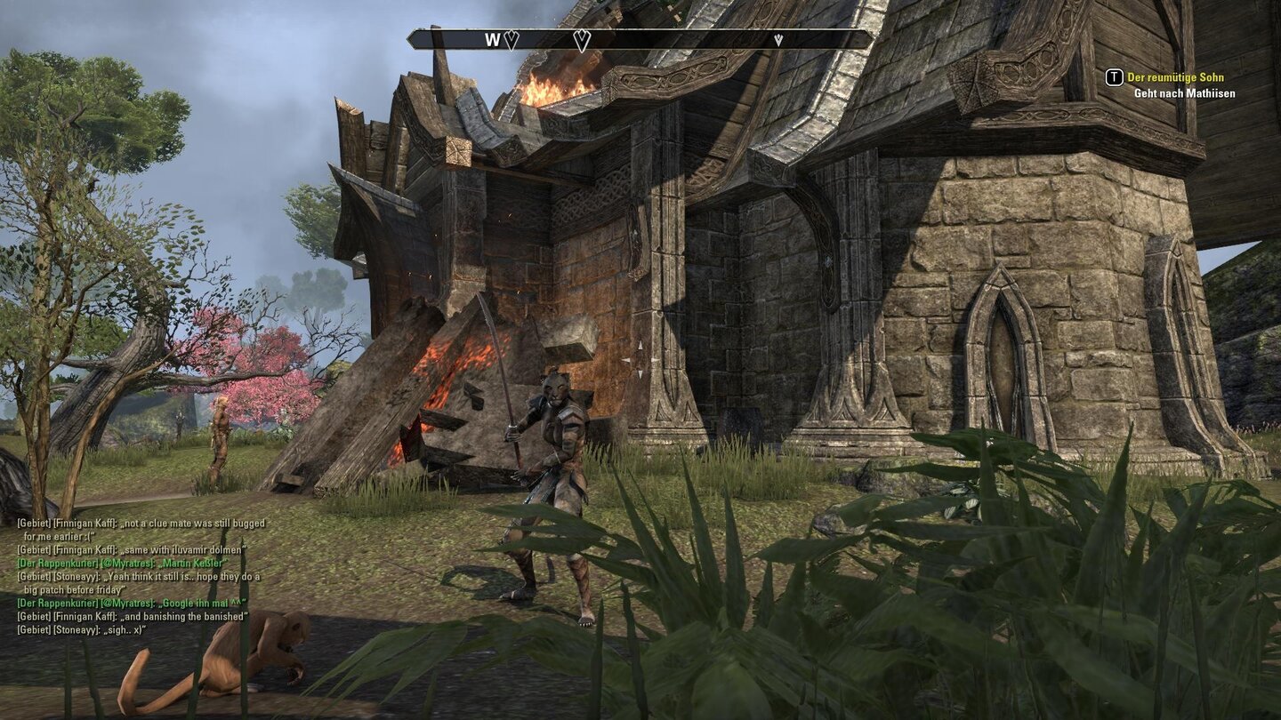 The Elder Scrolls OnlineVerwirrspiel: Wir haben hier in der vorigen Quest alle Soldaten befreit und sollen nun ihnen Waffen besorgen. Leider schaltet das Spiel aber stattdessen die nächste Aufgabe im Quest-Log aktiv, die uns in die Stadt Mathiisen schickt. Nervig!