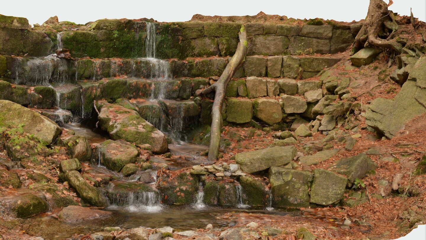 Auch bei diesem idyllischen kleinen Wasserfall handelt es sich um ein dreidimensionales Objekt, das mit Hilfe der Photogrammetrie erstellt worden ist.