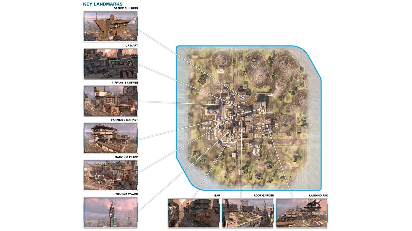 Titanfall - Karte »Nexus«Toll für Last Titan Standing. Die Außenbereiche bieten Platz zum manövrieren und durch den Stadtkern flankieren wir Gegner ungesehen.