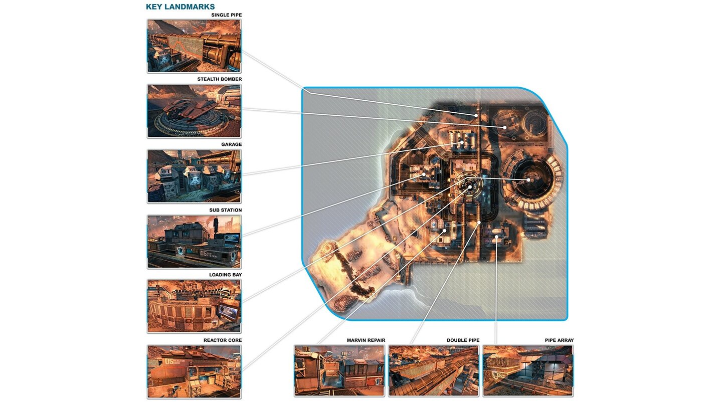 Titanfall - Karte »Demeter«Im »Hardpoint«-Modus ist Kontrollpunkt B am Reaktorkern regelmäßig hart umkämpft. Dann suchen wir uns lieber andere Ziele.