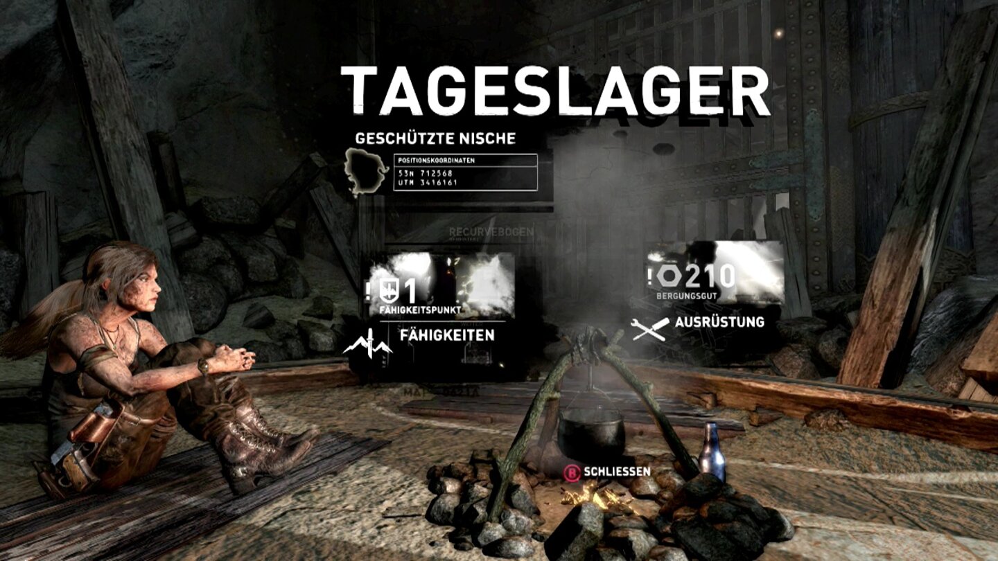 Tomb Raider: Definitive EditionAn den Lagerfeuern rüstet ihr eure Waffen und Fähigkeiten auf, nutzt die Schnellreise oder speichert das Spiel.