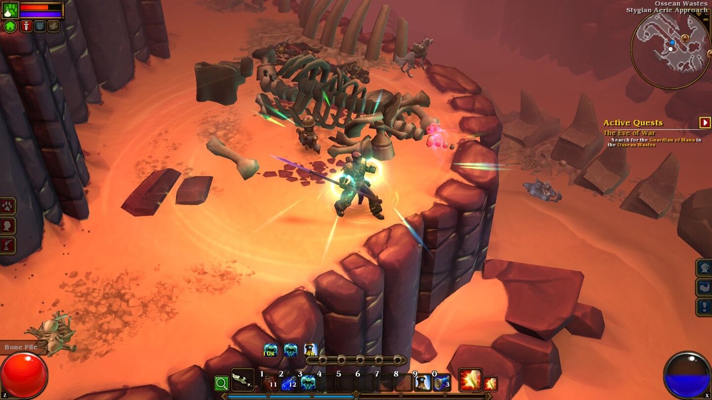 Torchlight 2Neue Anzeigen am unteren Bildrand: Über den Hotkeys befinden sich Charge-Balken sowie Icons für aktuell wirksame Buffs und Beschwörungen.