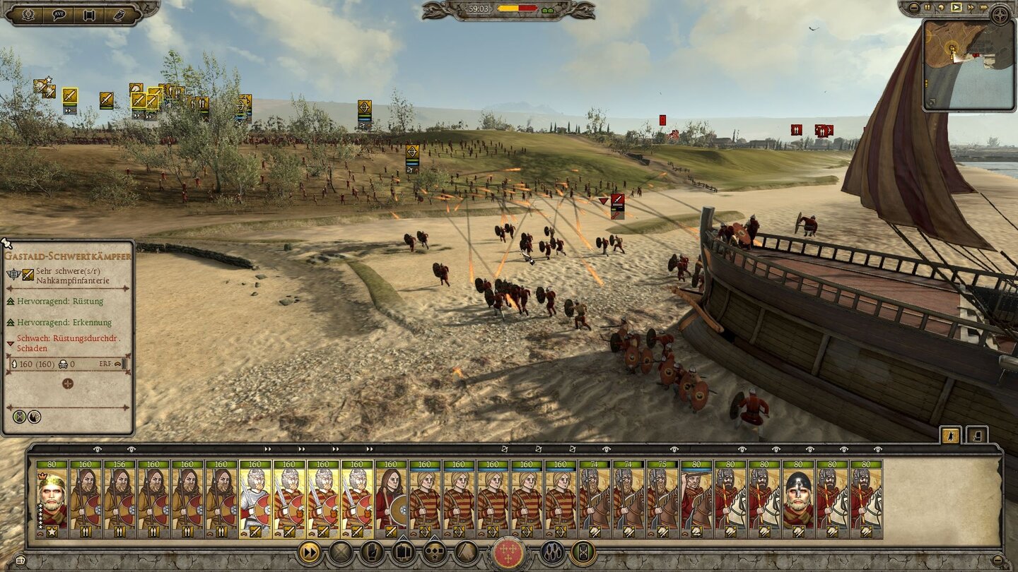 Total War: Attila - Das Zeitalter Karls des GroßenDie feindliche Verstärkung stürmt an Land und direkt in die Pfeile unserer Bogenschützen.