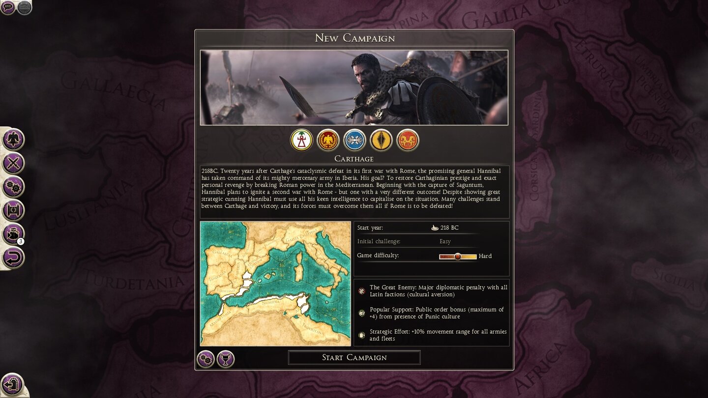 Total War: Rome 2 - Screenshots zum DLC Hannibal at the GatesDer Kampagnen-Startbildschirm. Im Hannibal-DLC sind Rom, Karthago, der griechische Stadtstaat Syrakus sowie zwei iberische Stämme spielbar.