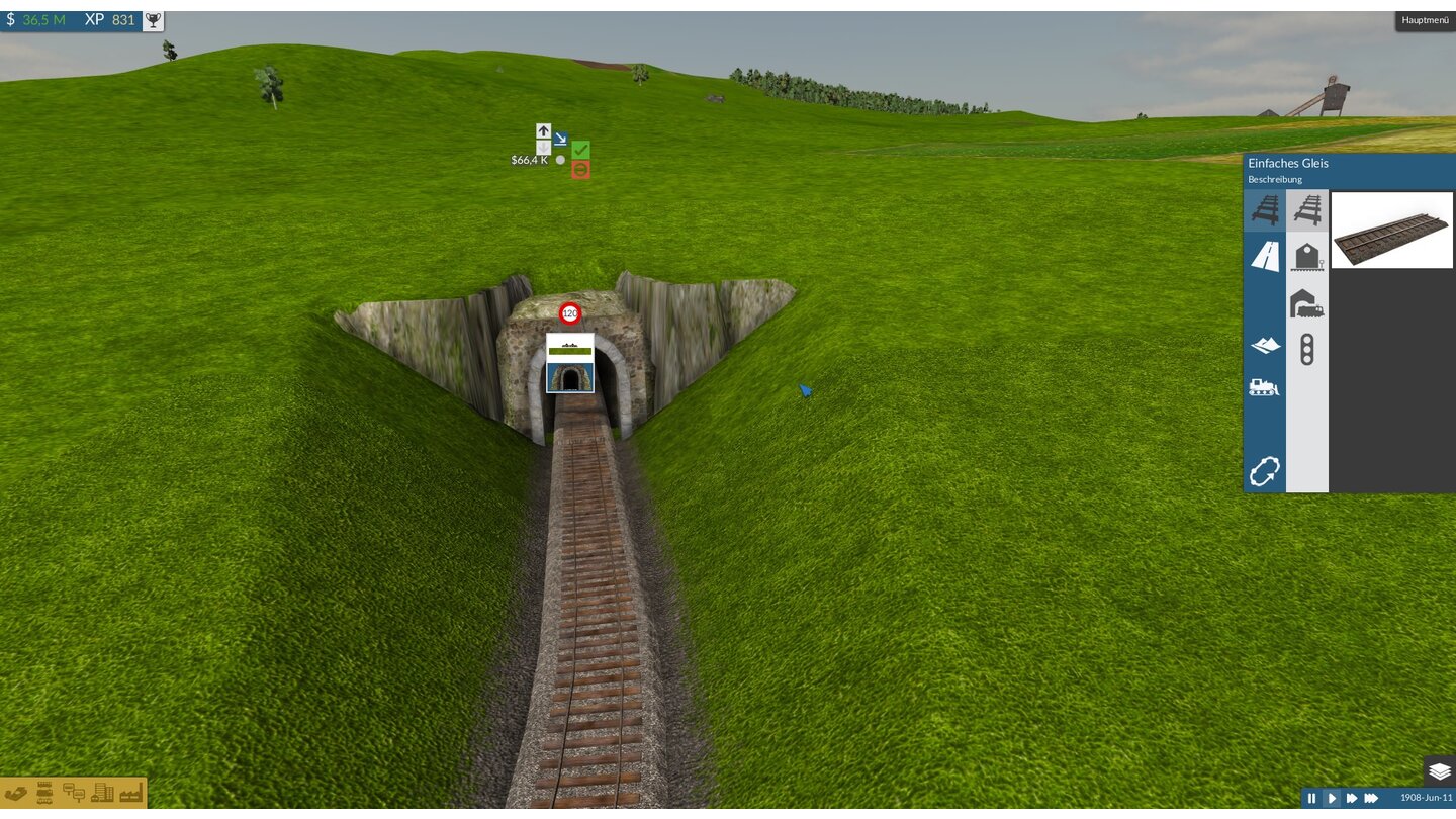 Train FeverMit dem Gleis senken-Button bringen wir unsere Schiene unter die Erde und bauen einen Tunnel.