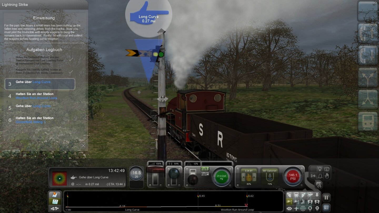 Train Simulator 2013Schritt 7: Ein paar Meilen lang können wir auf der eingleisigen Strecke endlich Dampf geben. Das Tempolimit von 20 Meilen halten wir locker – unsere Lok schafft selbst mit »Vollgas« höchstens 25 Stundenmeilen.