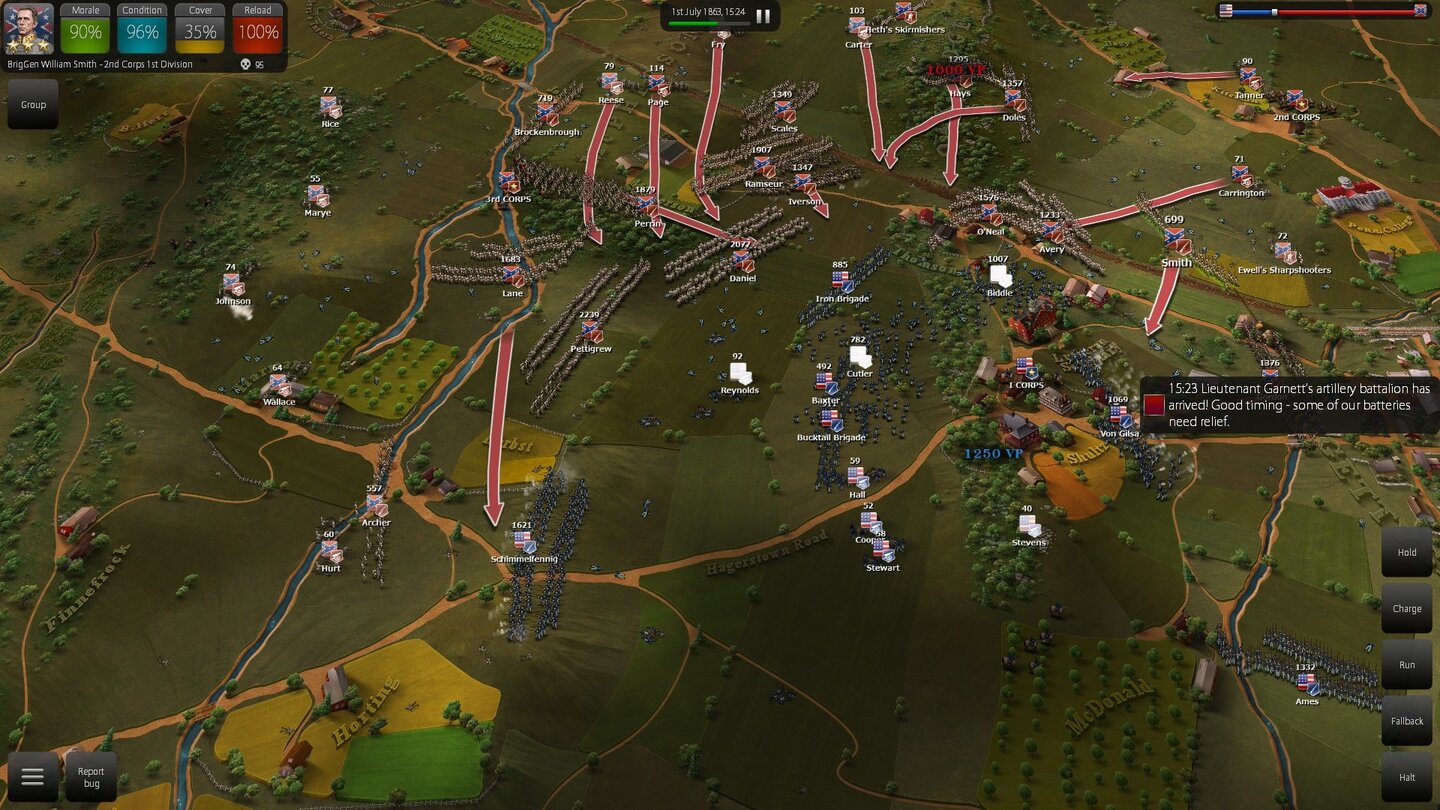 Ultimate General: Gettysburg - Screenshost aus der Early-Access-VersionUltimate General beginnt mit einem kleinen Scharmützel, später findet aber ein riesiges Gefecht statt – mit zig Einheiten, die wir unter Kontrolle halten müssen. Die eingekesselten Nordstaaten-Soldaten verlieren hier massiv an Moral, was an den weißen Icons zu erkennen ist.