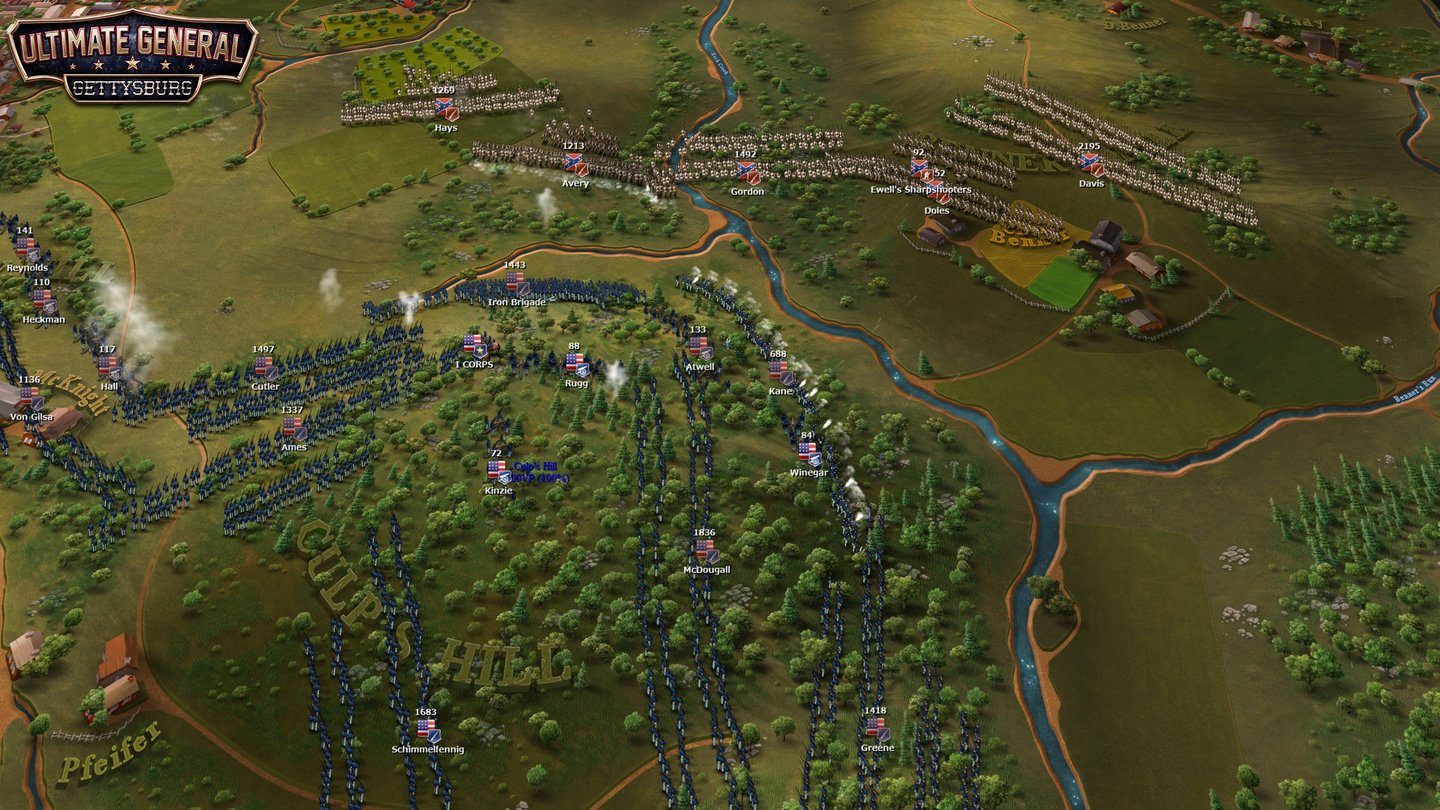Ultimate General: Gettysburg
Das taktische Aufstellen der Truppen hat oberste Priorität. Flüsse, Hügel und Wälder sehen nicht nur hübsch aus, sondern bieten auch Vor- und Nachteile bei der Deckung und der Truppengeschwindigkeit.