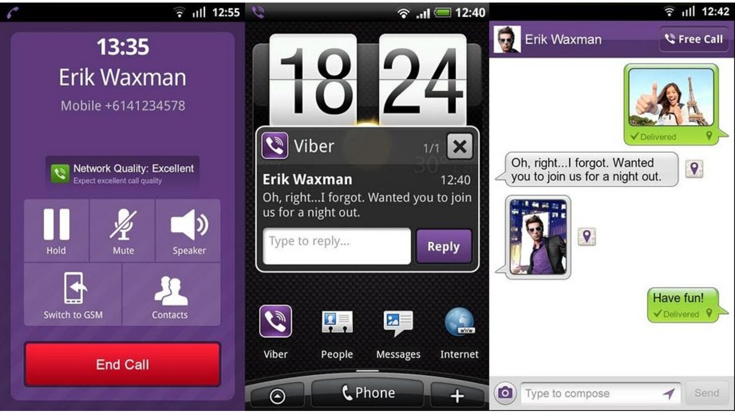 Viber Free Calls&AppsÄhnlich wie Skype setzt Viber Free Calls & Messages auf Voice-Over-IP. So telefonieren sie mit Viber kostenlos auf Ihrem Smartphone mit Freunden. Der Clou an der Sache, sie brauchen keine Freundes- oder Kontaktliste, sondern Viber findet Ihren Gesprächspartner ähnlich wie WhatsApp über die Handynummer. Sollte Ihre Datenverbindung während eines Gesprächs zu schlecht werden, wechseln Sie einfach per Tastendruck zum normalen GSM-Netz, dann aber zu den normalen Tarifbedingungen Ihres Anbieters. (Lauffähig ab Android 2.0/Läuft noch nicht unter Android 4.0)