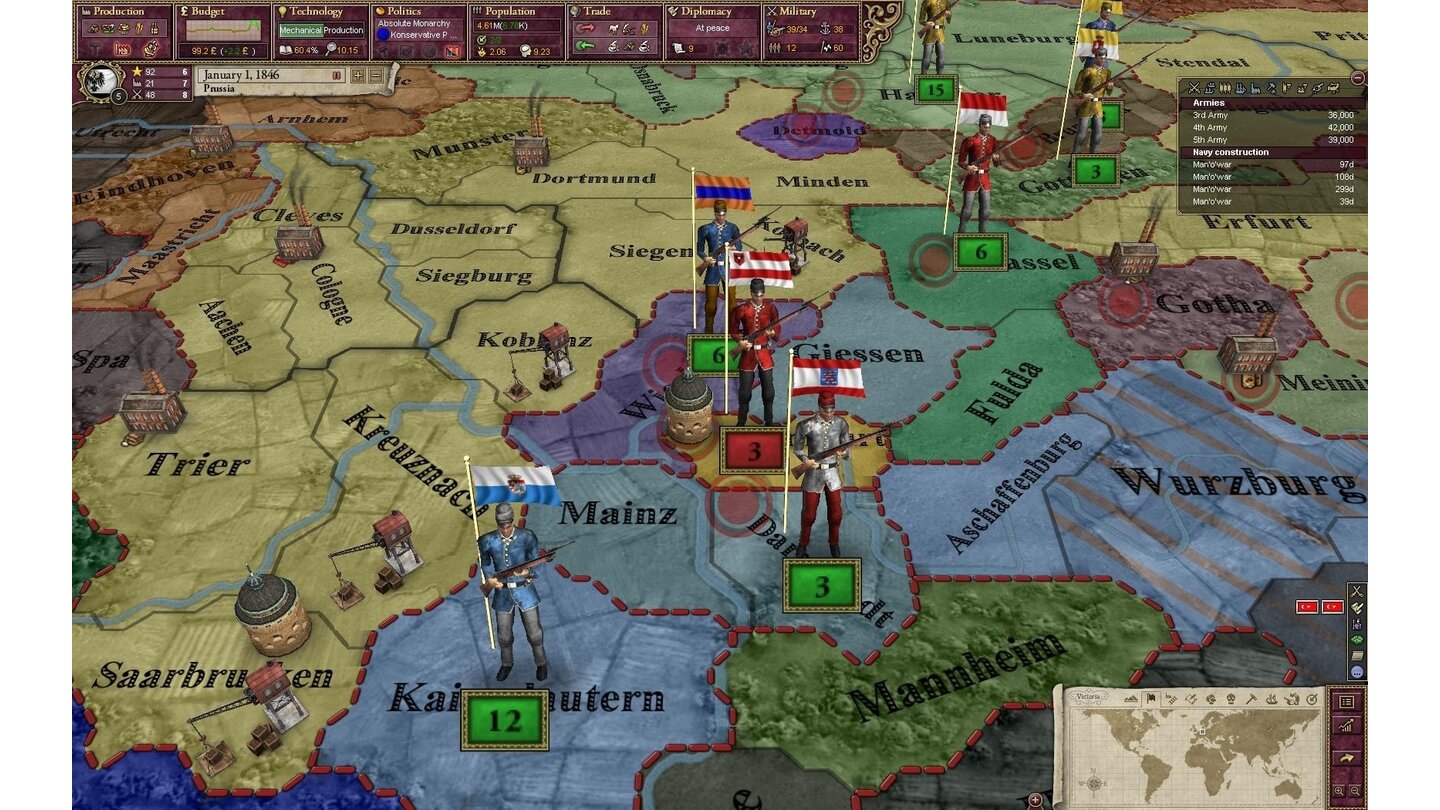 Victoria 2Die Landkarte: Hier verschieben Sie Armeen und Flotten. Und jetzt wissen Sie auch, warum Deutschland früher »Flickenteppich« genannt wurde.