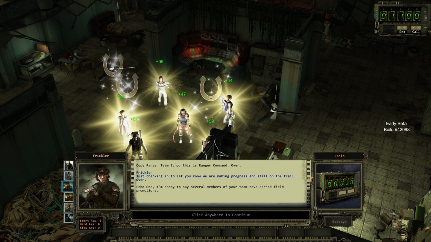 Wasteland 2 - Beta-ScreenshotsHaben wir genügend Erfahrungspunkte gesammelt, können wir das Hauptquartier anfunken und im Level aufsteigen. Wir dürfen dann Skillpunkte auf Fähigkeiten verteilen, nicht jedoch die Grundwerte steigern.