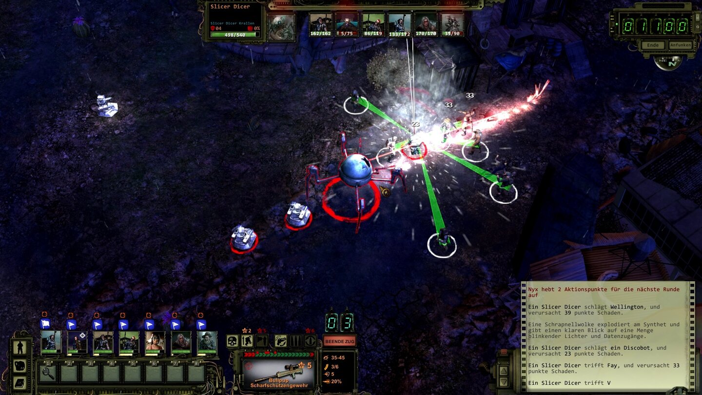 Wasteland 2Fieses Roboter-Teamwork: Der Discobot blendet uns mit seiner Lichtshow, der Slicer-Dicer brutzelt uns mit seinem Laser.