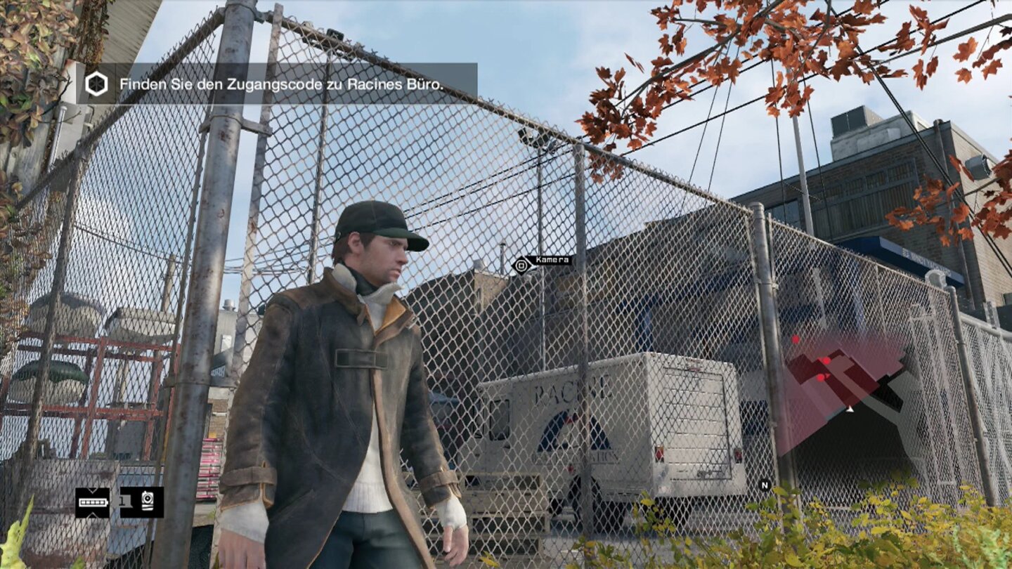 Watch Dogs (PS4-Version)Bevors aufs Feindgelände geht, sondieren wir die Lage: Wo gibt’s eine Kamera, wie können wir Wachen ablenken?