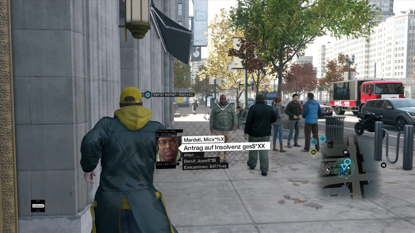 Watch Dogs (PS4-Version)Bei einem Spaziergang durch die Stadt erhält man die brisantesten Informationen über beinahe jeden Passanten. Einige lassen sich auch per Knopfdruck um einige Hundert Euro erleichtern.