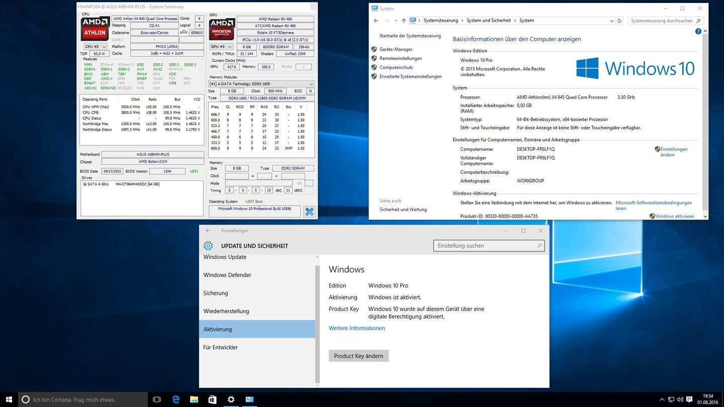 Erfolgreich aktiviertes Testsystem #6 (AMD Athlon X4 845). Hinweis: Die klassische Systemsteuerung im Fenster oben rechts aktualisiert sich nicht von selbst, deshalb steht dort in diesem Fall noch fälschlicherweise, dass Windows nicht aktiviert sei.