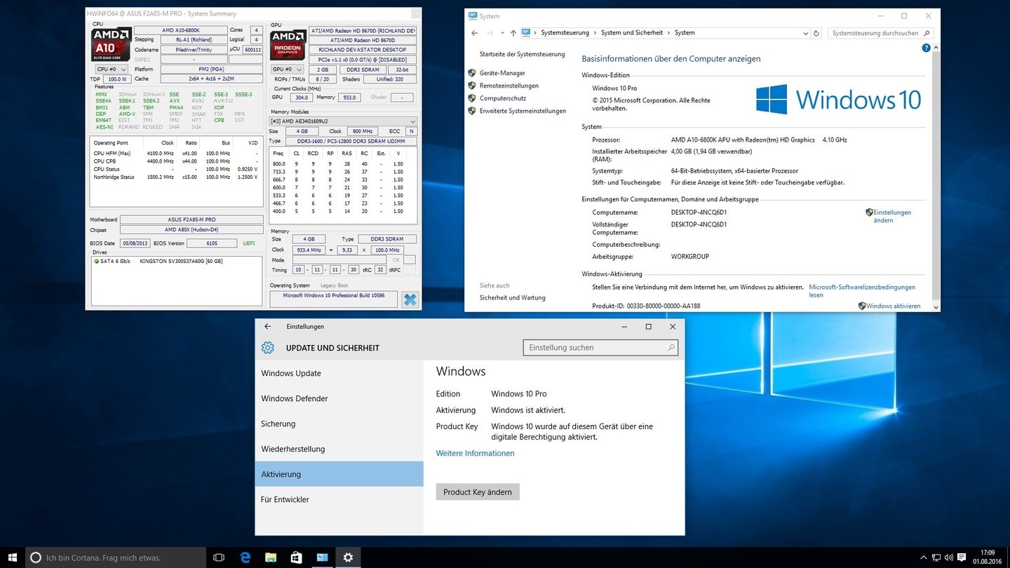 Erfolgreich aktiviertes Testsystem #5 (AMD A10-6800K). Hinweis: Die klassische Systemsteuerung im Fenster oben rechts aktualisiert sich nicht von selbst, deshalb steht dort in diesem Fall noch fälschlicherweise, dass Windows nicht aktiviert sei.