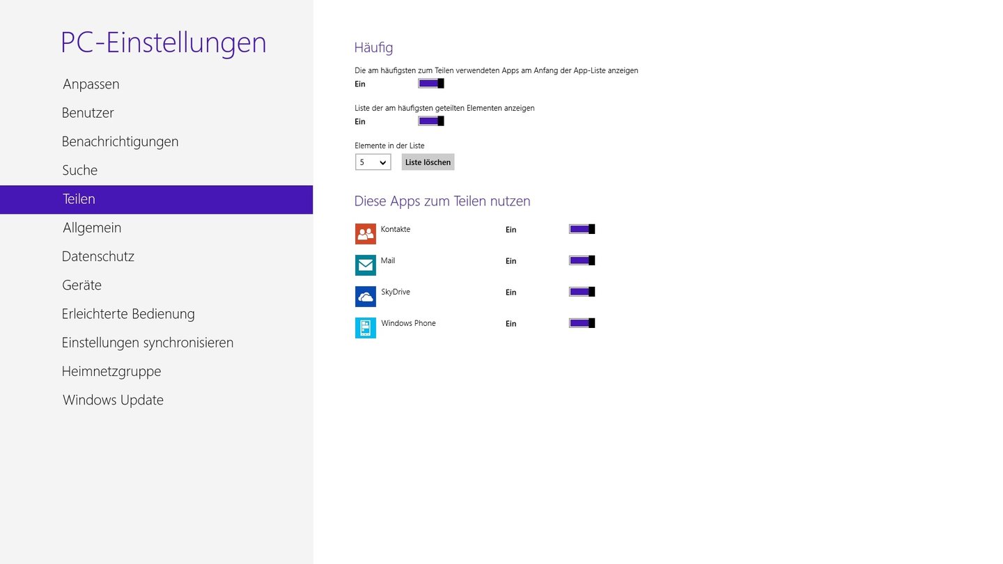 Windows 8
Social-Networking ist ein integraler Bestandteil von Windows 8. Ob und welche Inhalte Sie über welche Kanäle teilen möchten, legen Sie hier fest.