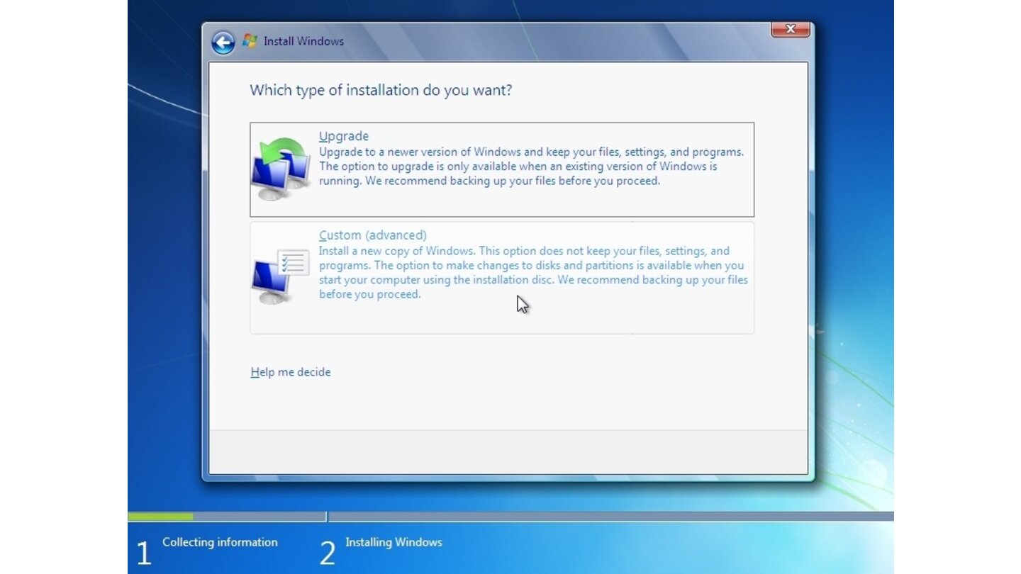 Wählen Sie »Benutzerfindiert«, um zu bestimmen wo Sie Windows 7 installieren möchten