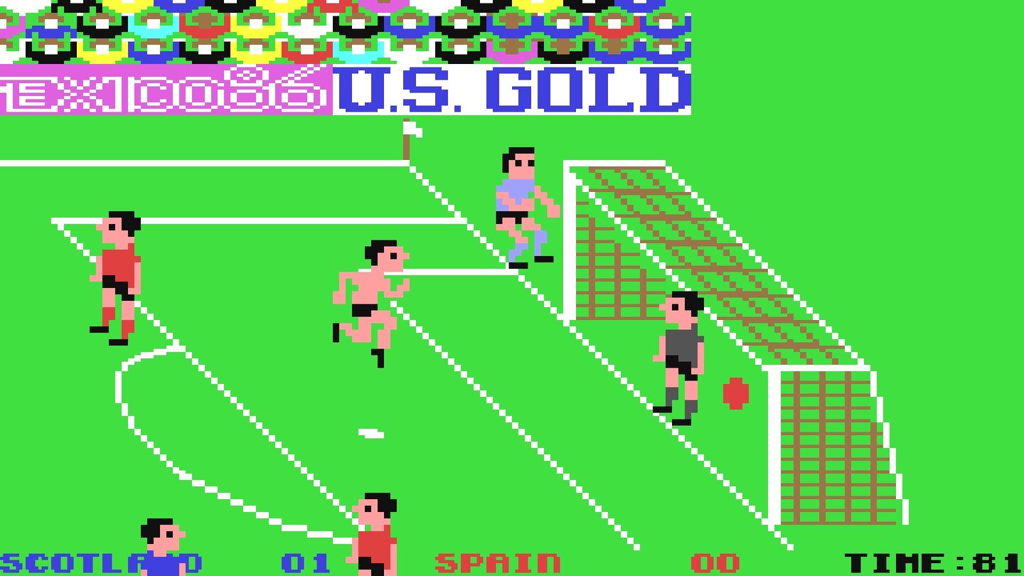 World Cup Carnival (1986)Das erste offizielle WM-Spiel – auch wenn viele Nationalteams fehlen. Auf dem C64 durchaus passable Fußball-Unterhaltung, die sich spielerisch stark an International Soccer orientiert.