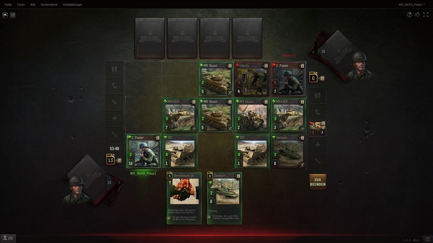 World of Tanks GeneralsIn World of Tanks Generals spielen wir Panzerkarten aus, um den Gegner zu besiegen. Das schaffen wir, indem wir sein HQ (rechts oben) zerstören und unser eigenes Basiscamp (links unten) schützen. Hier haben wir den Gegner schon ordentlich eingekesselt.