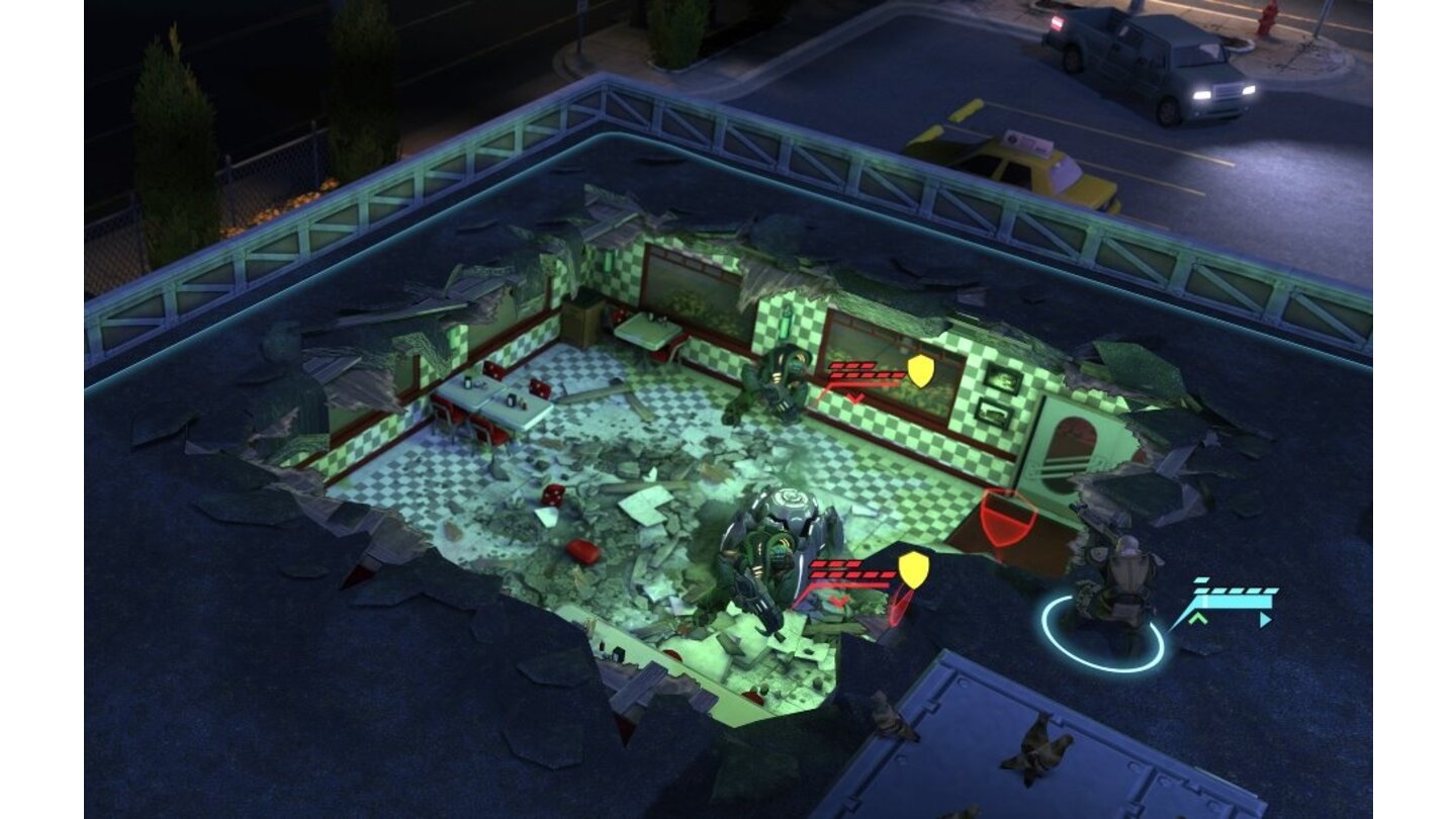 XCOM: Enemy UnknownHöhenunterschiede können die XCOM-Soldaten zu ihrem Vorteil nutzen - die Gegner im unteren Raum haben uns noch nicht bemerkt.