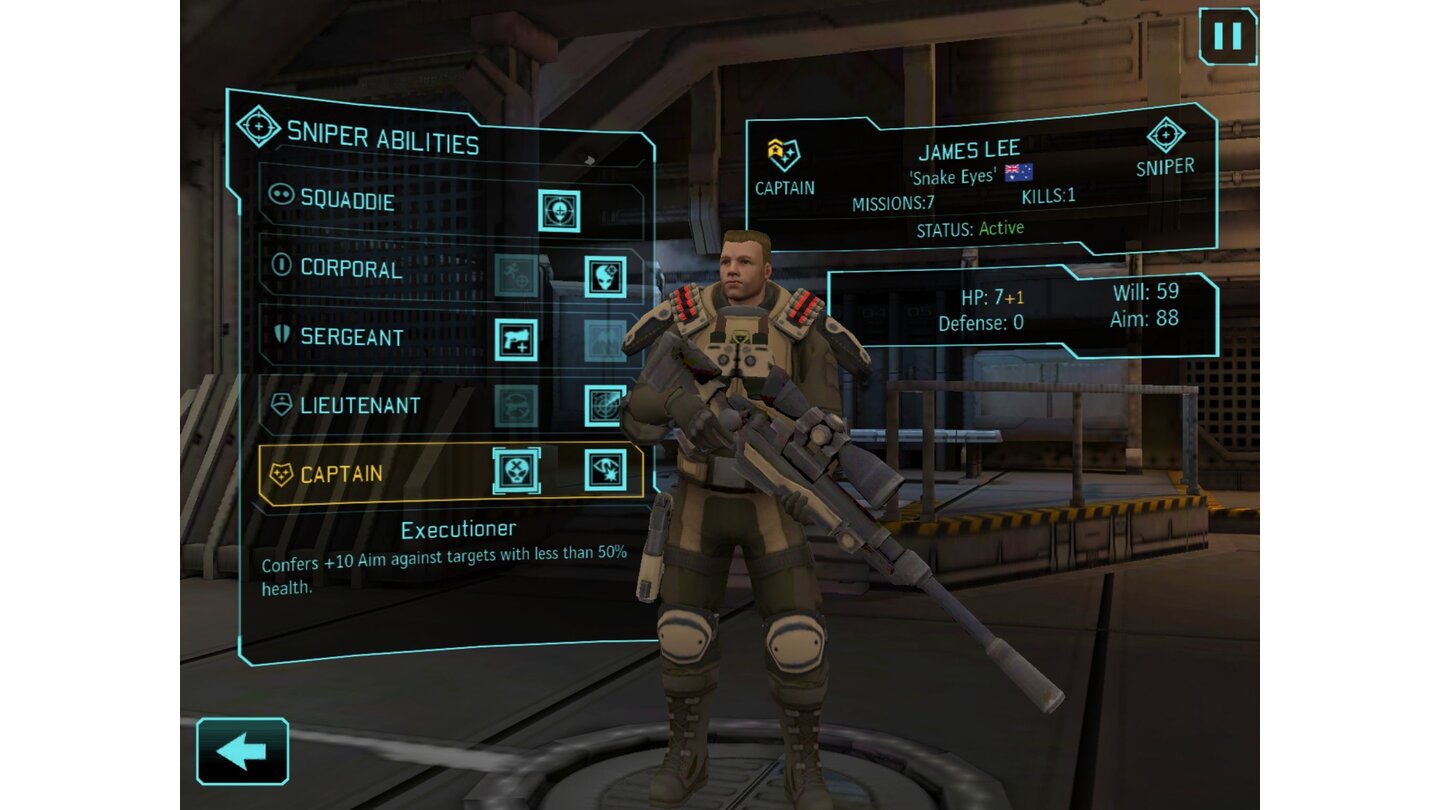 XCOM: Enemy Unknown - iOSDieser Scharfschütze, Spitzname Snake Eyes, verfügt über viele Fähigkeiten und ist, richtig eingesetzt, ein wahrer Alien-Killer.