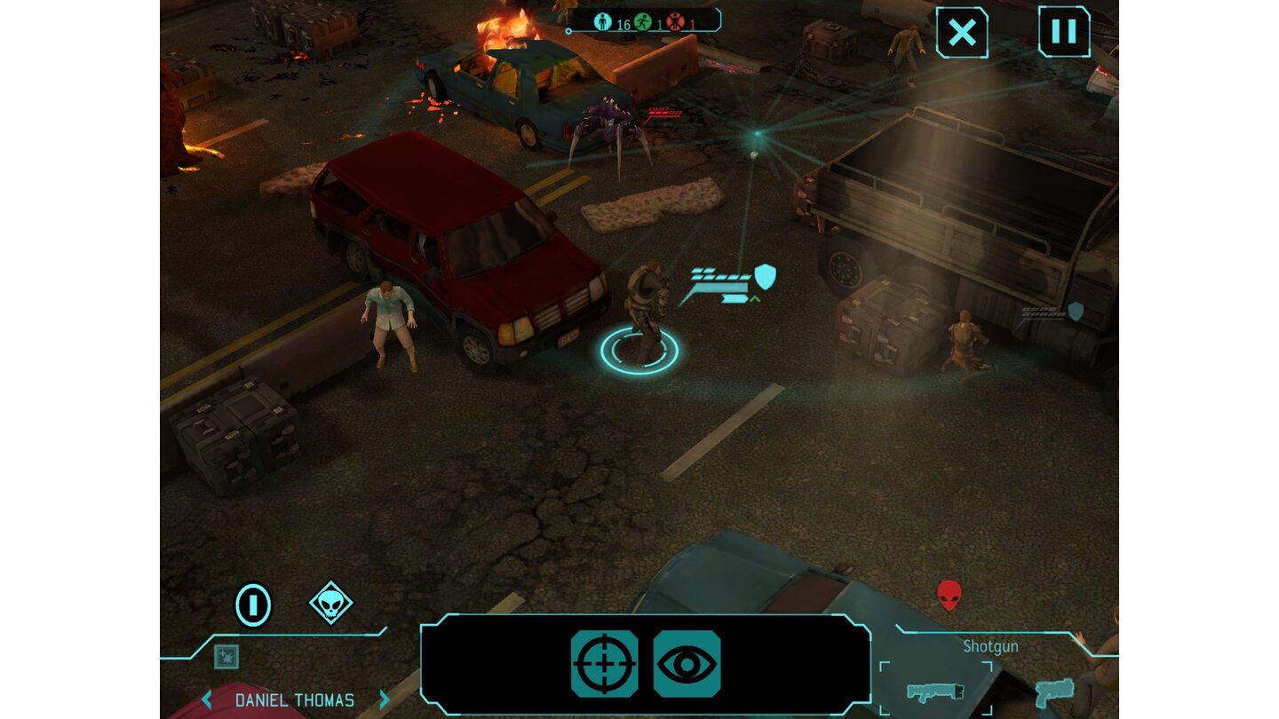 XCOM: Enemy Unknown - iOSBeim Feldeinsatz der Truppe steuert sich die iOS-Version genauso wie die PC-Version; nur das Bedienfeld für die Spezialfähigkeiten unten in der Bildmitte ist größer.
